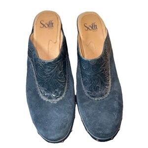 Sofft Navy Embossed Leather Clogs Women Size 7.5M